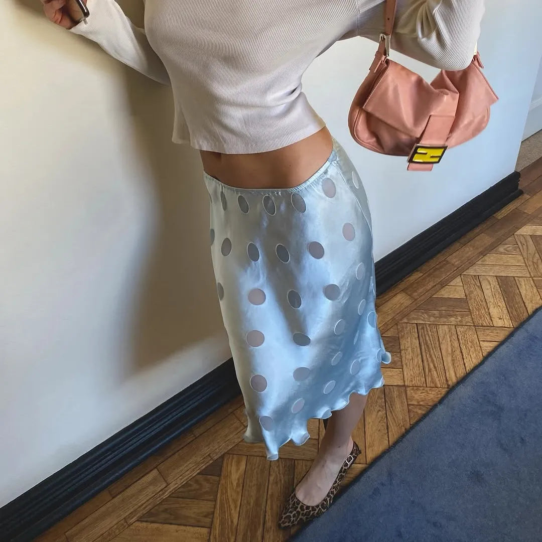 Women Satin Dots Midi Skirt Silky Elastic Waist Flowy Hem Bodycon Slip Skirts Aesthetic Vintage Fairy Y2k A-line Dress