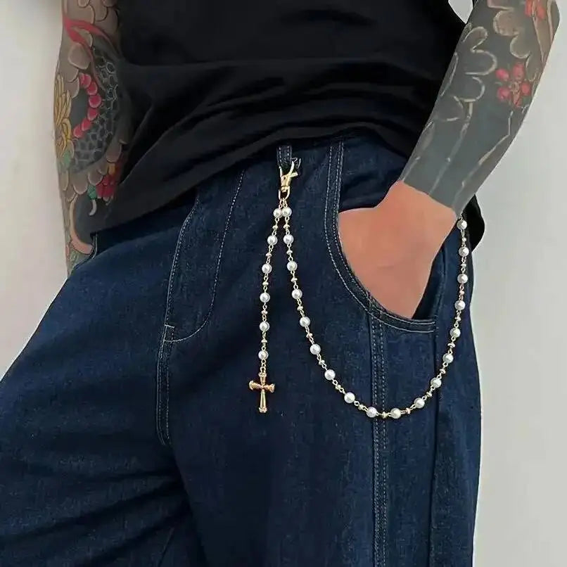 Creative Cross Pendant Imitation Pearl Keychain Wallet Belt Chain for Men Women Trousers Hipster Jeans Chain Jewelry