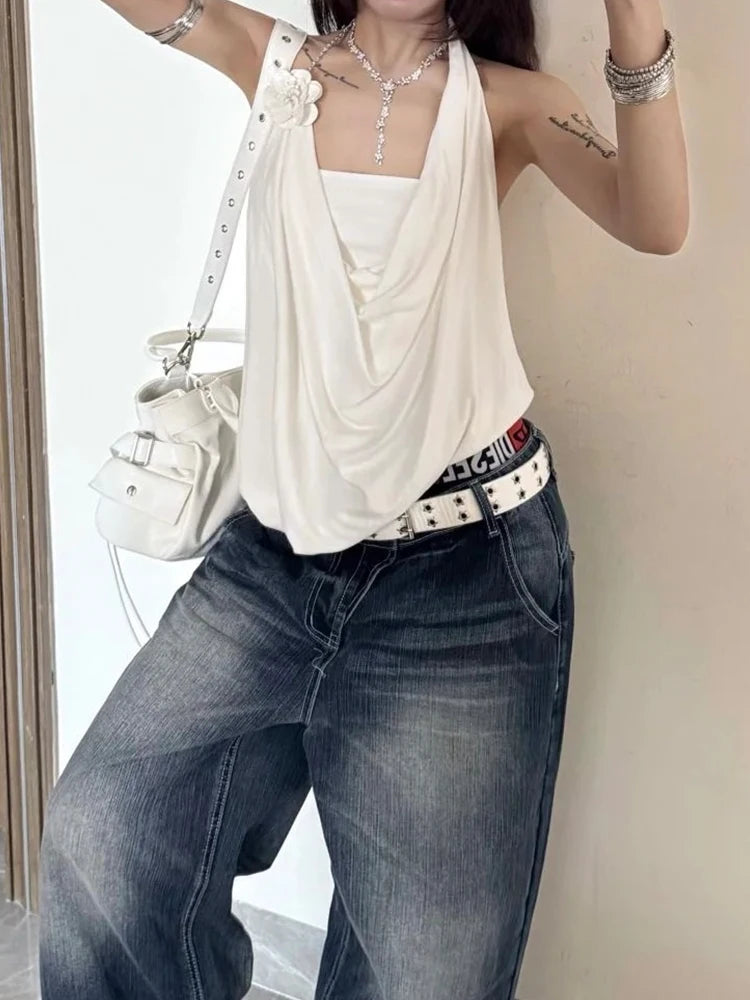 Y2K Chic Tube Top+Swing Collar Vest Chain Halter Sexy Backless Sleeveless 3d Flowers Daily Summer Trend Commute Tees