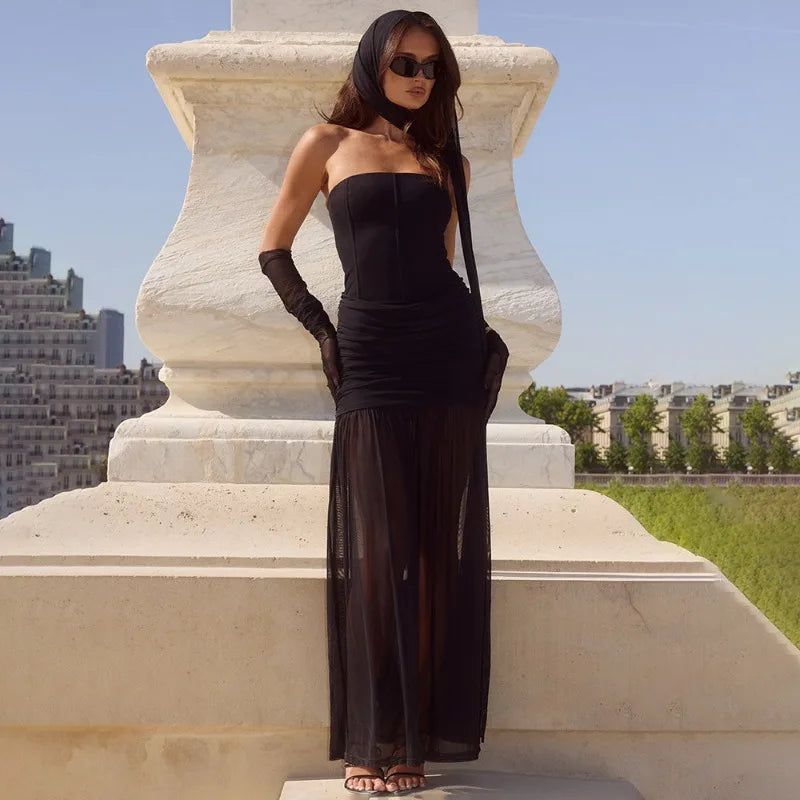 Transparent Mesh Patchwork Strapless Maxi Dress with Scarf Pink Black Elegant Party Dresses for Woman
