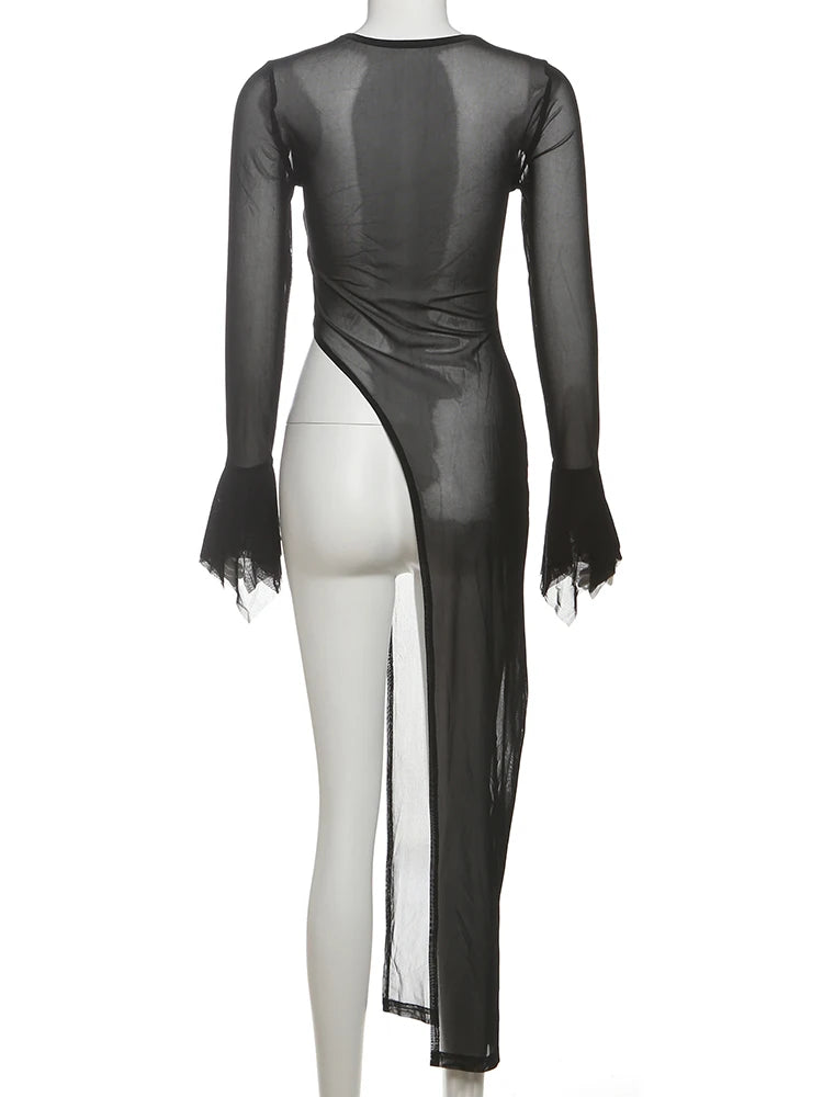 Sexy Irregular Hem T-Shirt Women Patchwork o-Neck Flared Sleeves Summer Midnight Sexy Hottie Fashion Split Long Tops