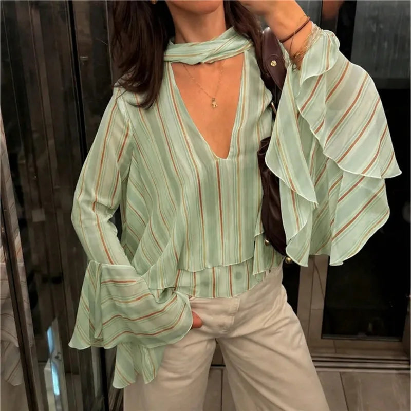 Women Striped Sheer Chiffon Blouse V Neck Neck Tie Ruffle Flare Long Sleeve Loose Cropped Casual Streetwear Office Tops