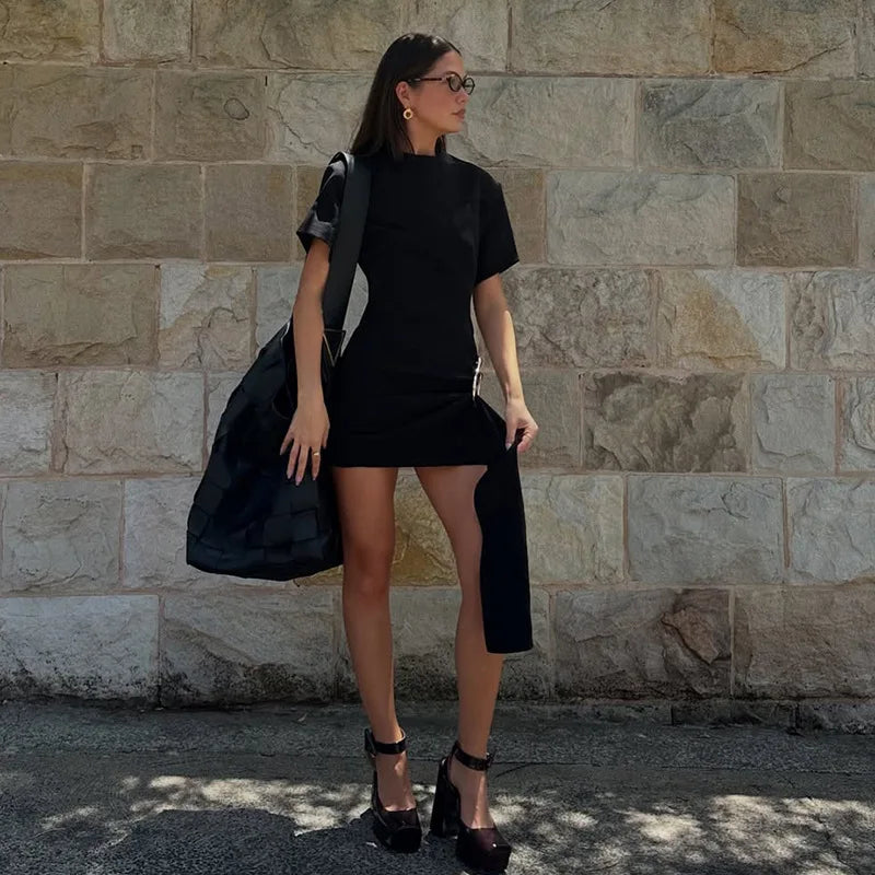 Metal Buckle Draped Short Dresses High Street Fashion Woman Clothing 2025 Summer Dress Black