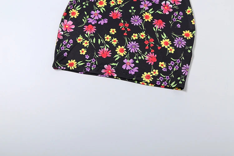 Colorful Floral Print Dress Women Low-Neck Cross Backless Sleeveless Skinny Sexy Fashion Beach Party Summer Mini Bodycon