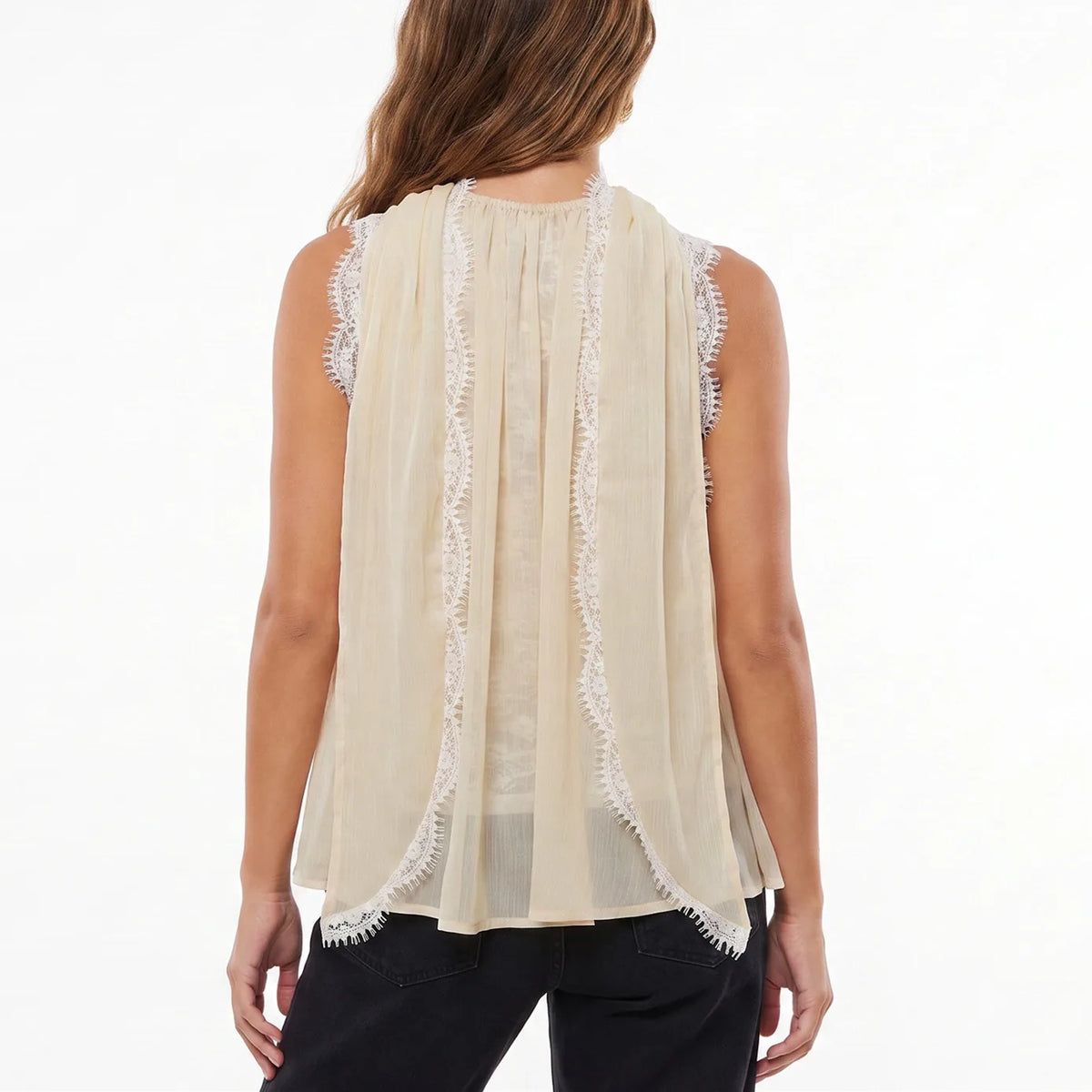 Women Elegant Halter Neck Sleeveless Top Tie Neck Pleated Chiffon Lace Splice Keyhole Front Loose Flowy Party Shirts Top