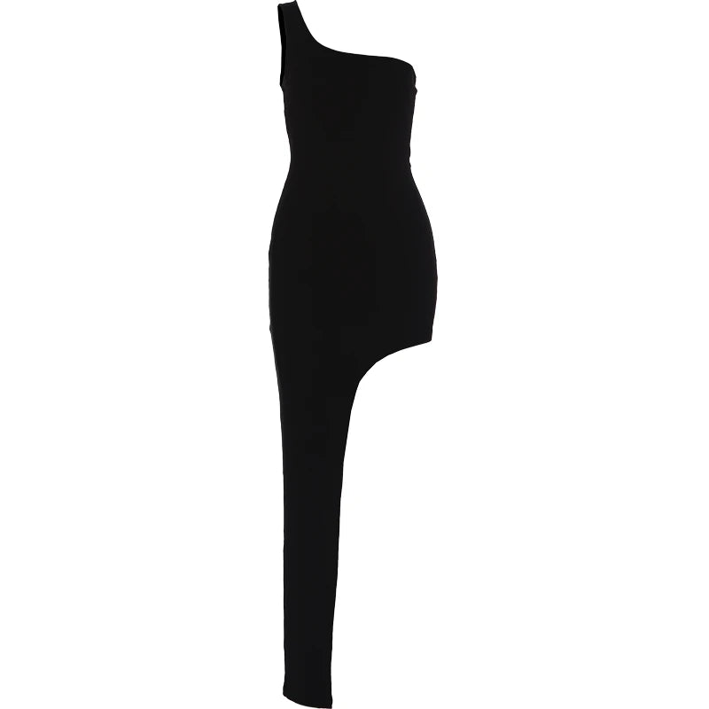 Asymmetrical Hem Dress Women One-Shoulder Sleeveless Solid Skinny Classic Sexy Midnight Hottie Summer Fashion Bodycon