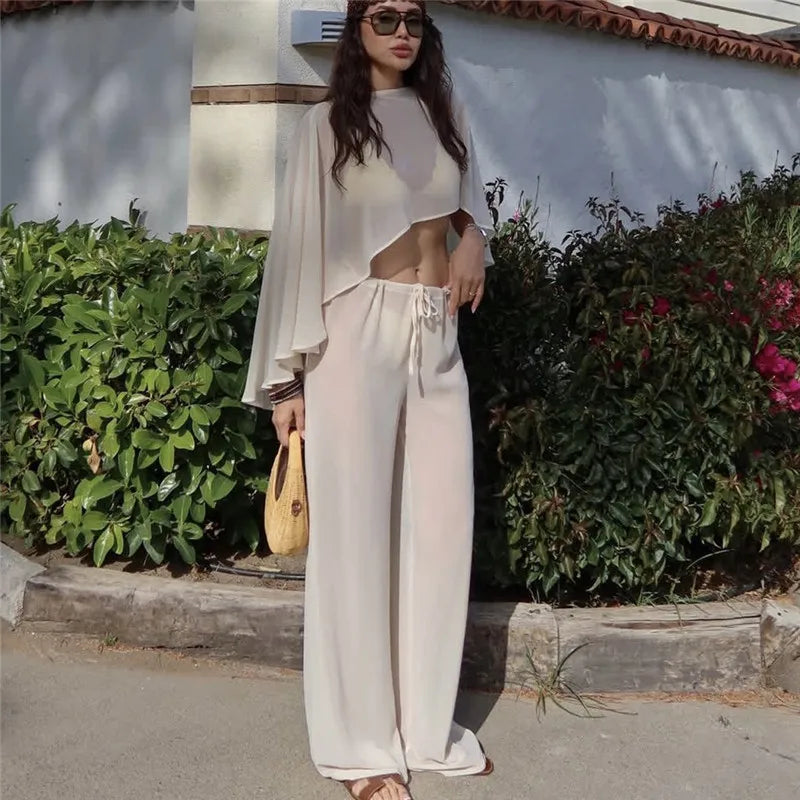 Y2K Retro Sheer Chiffon Cape 2 Piece Set Women Cropped Flowy Top Drawstring Wide Leg Pants Beach Street Matching Outfit