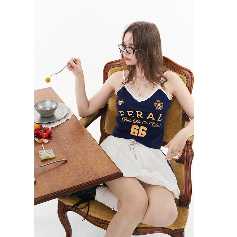 Women's Jersey Style Cami Top, Number & Letter Print Lace Trim Camisole, Y2K Coquette Sweet Sporty Sleeveless Top