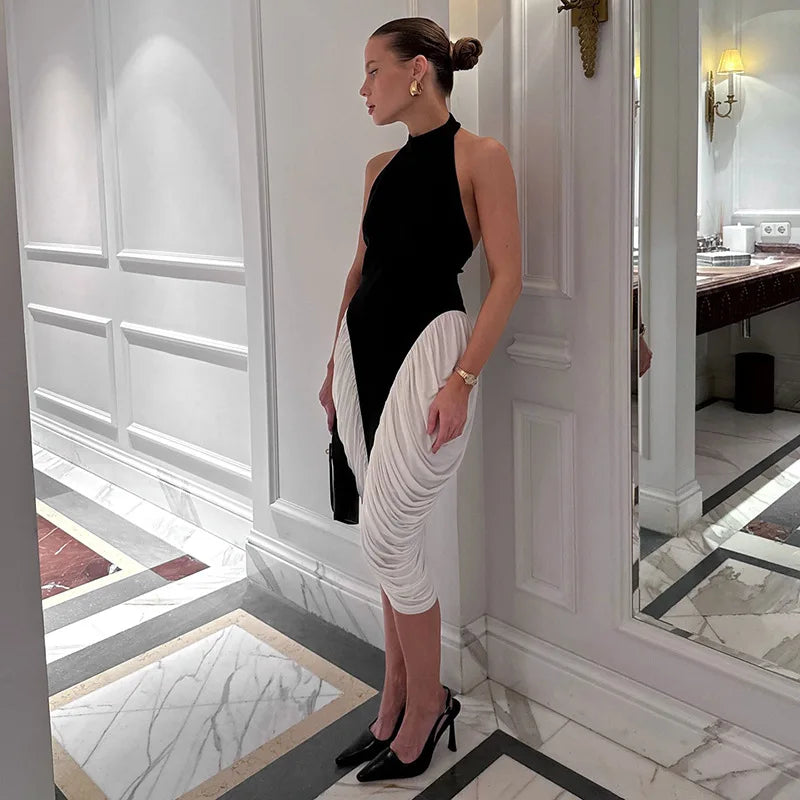 Halter Sleeveless Backless Ruched Midi Dress Black and White Patchwork Woman Clothes Sexy Elegant Party Dress