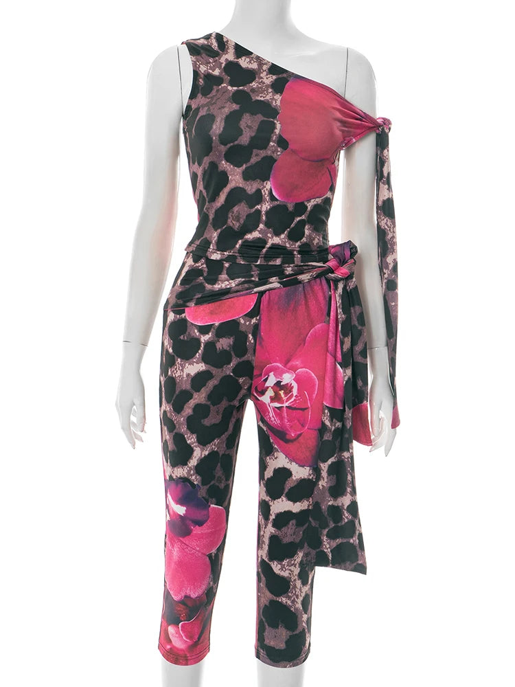 Leopard orchid Print 2Piece Set Women sexy Skew Collar Bandage Top+Peach Hip Crop Pants Hottie Hipster Street outfits