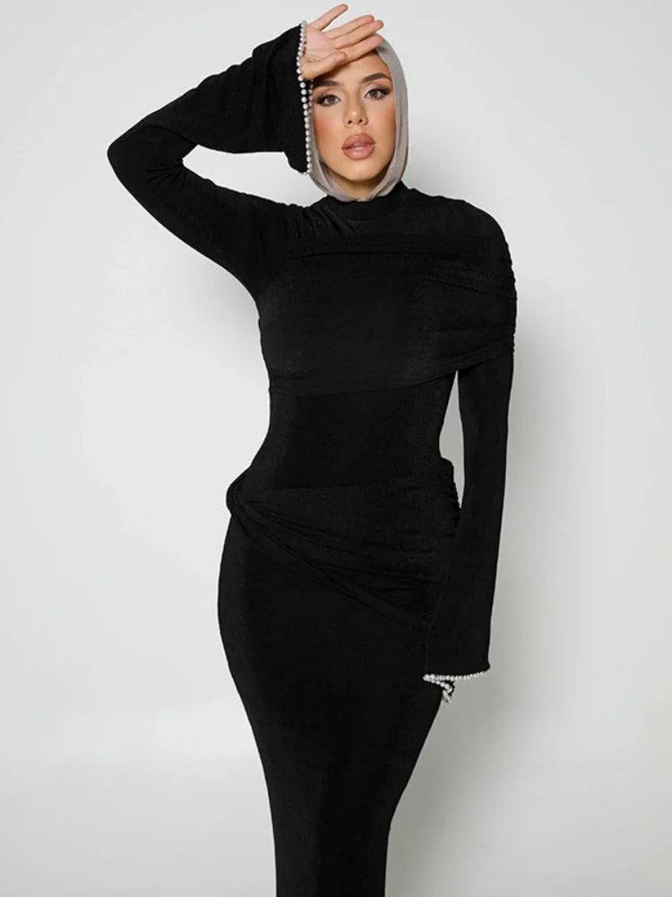 Mesh Patchwork Long Sleeve Maxi Dress White Elegant Dresses for Woman for Party Evening Gown Fall Winter 2025