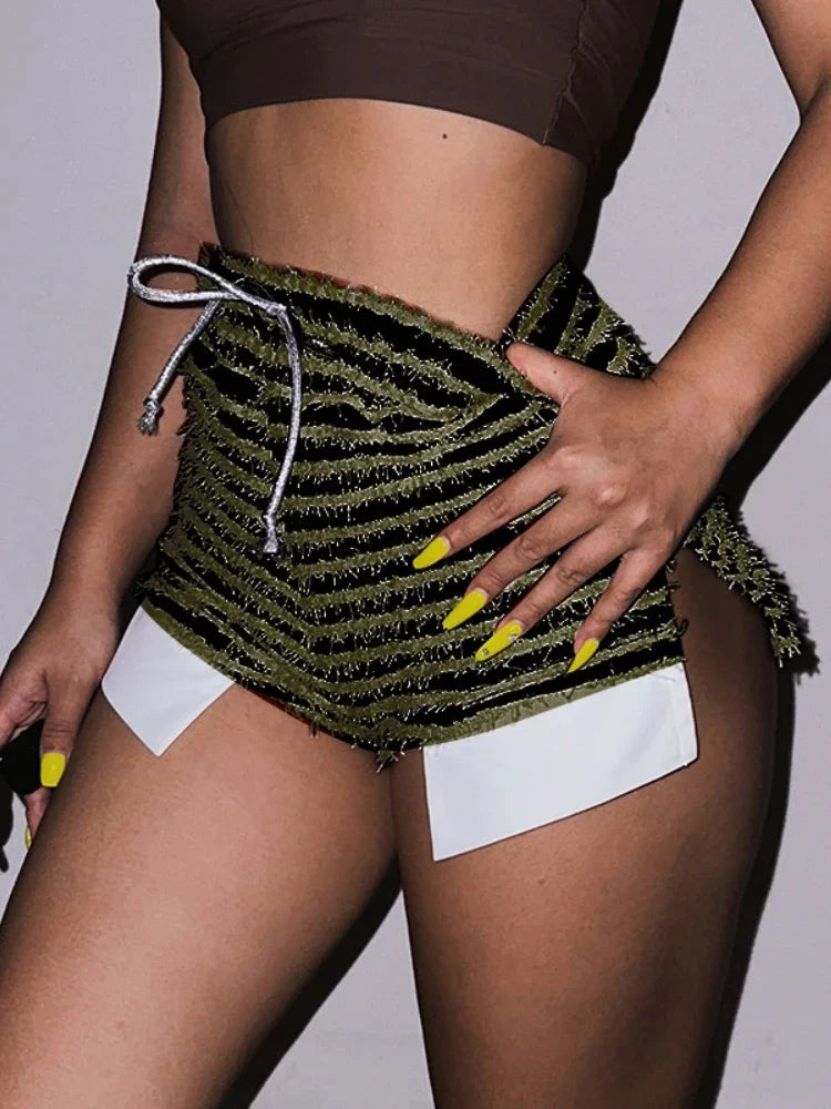 Black and White Striped Knitted Drawstring Slit Booty Shorts Streetwear Baddie Clothes Hot Pants Sexy Clubwear