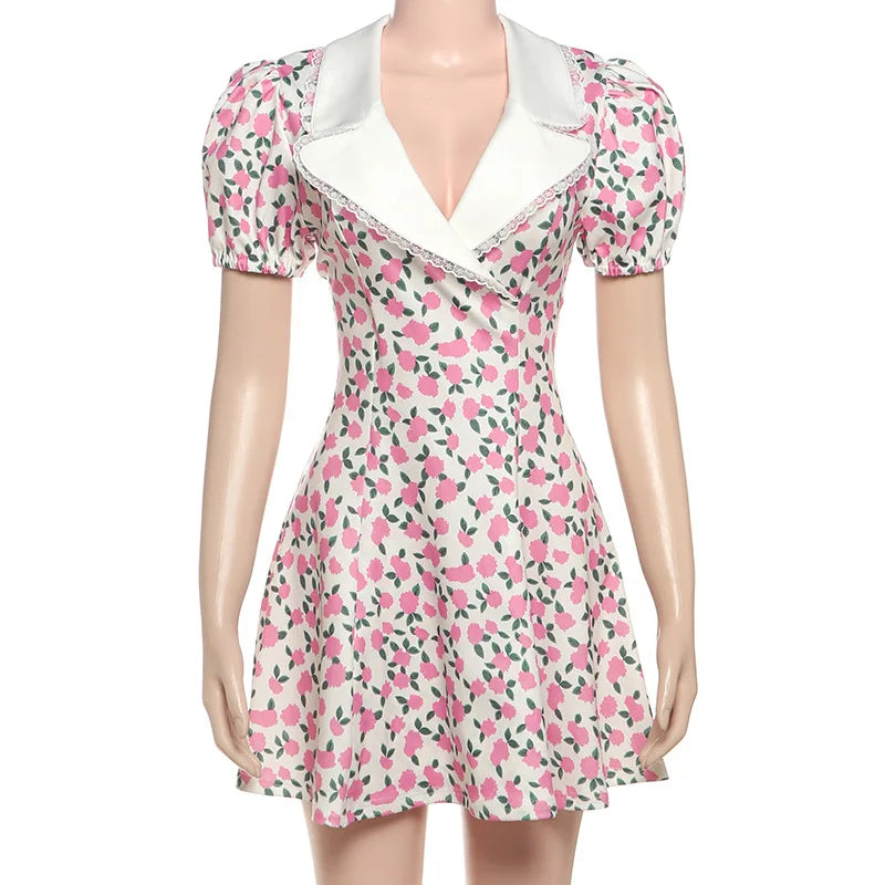 Floral Summer Dress Puff Sleeve V Neck Short Dresses Elegant Woman Clothing
