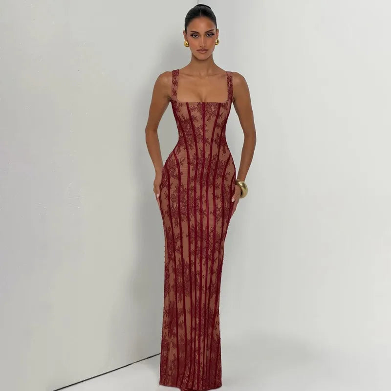 Floral Lace White Square Neck Sleeveless Maxi Dress Evening Party Dresses Woman Elegant Luxury
