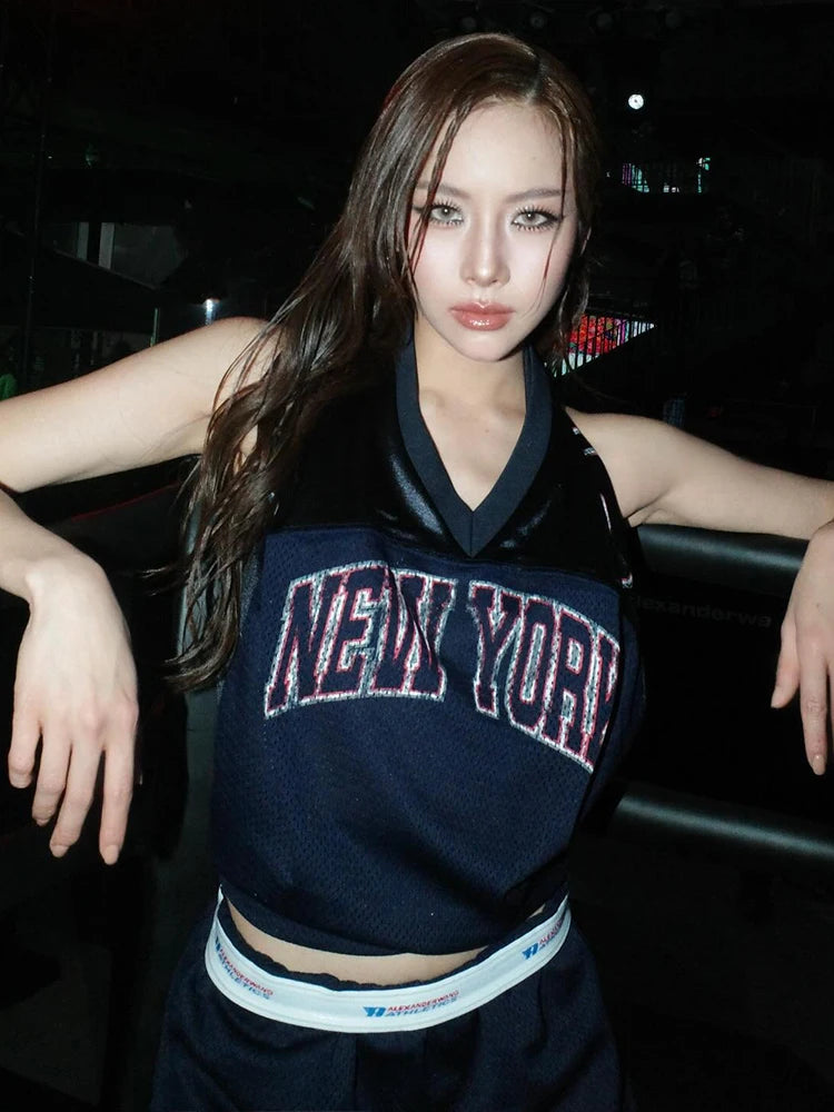 Letter Print V-Neck Vest Women Patchwork Hater Backless Skinny Sporty Sexy Summer Street Wild Simple Classic Tank Top