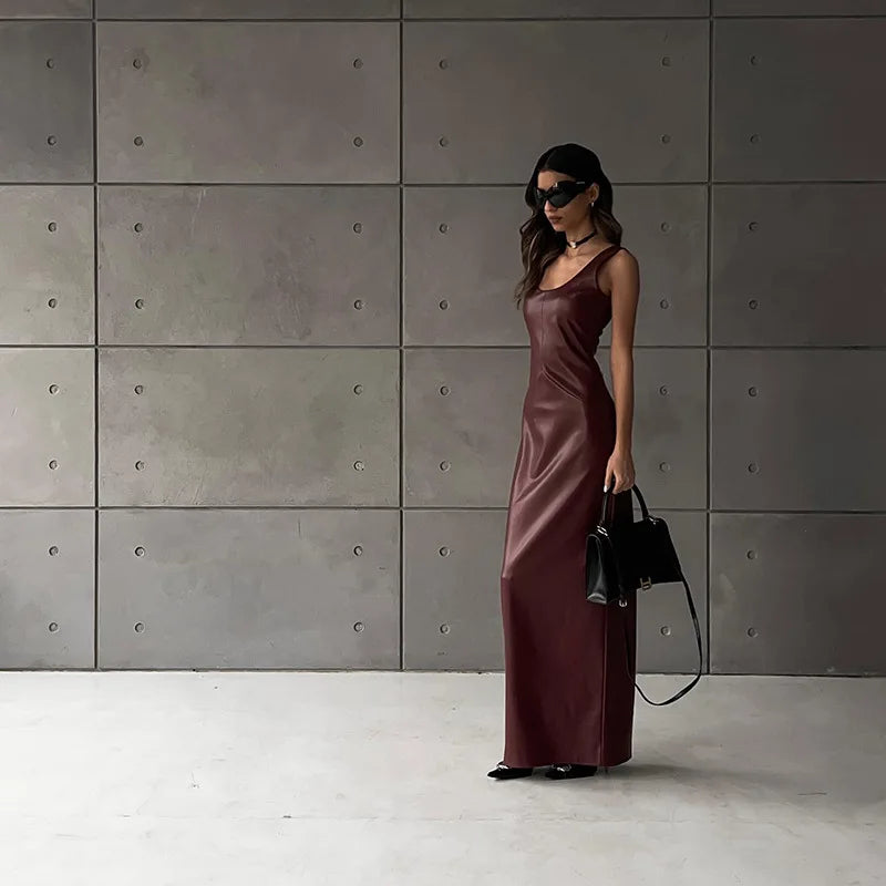 PU Leather Party Dress Women Night Sleeveless Split Long Dresses Fashion Fall Winter Clothes 2024