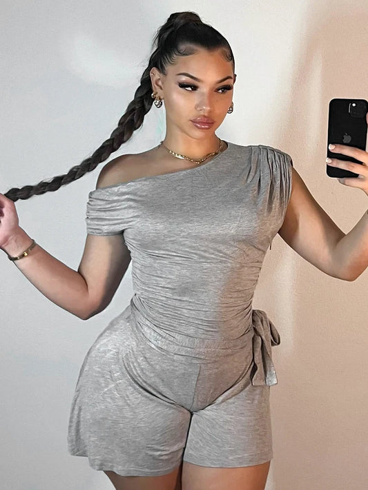 Collar Skew Romper Women Slim Sleeveless Sash Casual Simple Solid Streetwear Summer Workout Activity Shorts Overalls