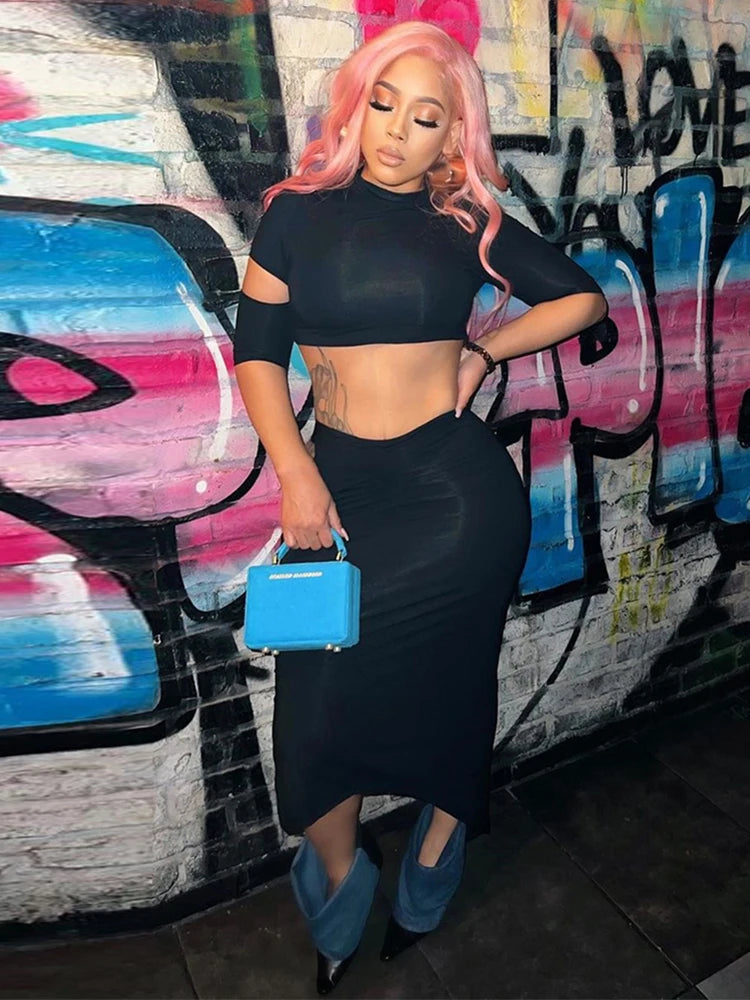 Sexy 2 Piece Set Women Y2K Irregular Hollow Shorts Sleeve Crop Tops+Shirring Side Split Skirts Chic Matching Clubwear