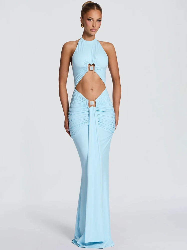 Women Halter Mermaid Sexy Maxi Dress Hollow Out Cutout Metal Lock Decor Ruched Bodycon Dress Evening Party Club Dress