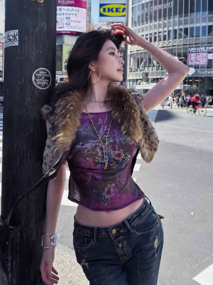Leopard Print Furry Tank Tops Women Bandages Patchwork Sleeveless Autumn Sexy Trend Midnight Wild Club Streetwear