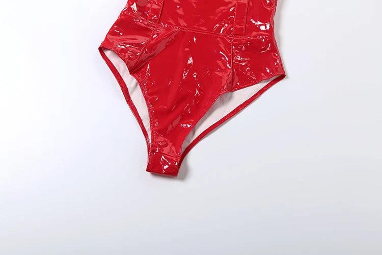 Patent Leather 2-Piece Set Women Zipper Jacket+Short Sleeve Slim Bodysuit Hip Hop Style Fashion Sexy Midnight Hottie Suit