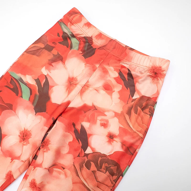 Flowers Print 2 Piece Set Women Tracksuit Full Sleeve o-Neck Crop Tops+Leggings Matching Skinny Streetwear Outfits