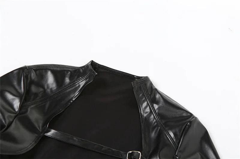 Crop PU Leather Jacket Women with Tube Top Two Piece Set Streetwear Fashion Black Coats Winter Clothes