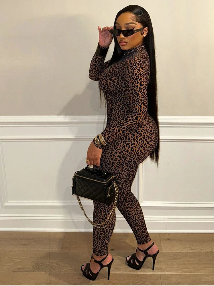Sexy Leopard Mesh Jumpsuit Women Sexy Hipster Zip Stretch Midnight Workout Clubwear Autumn Fitness Street Overalls