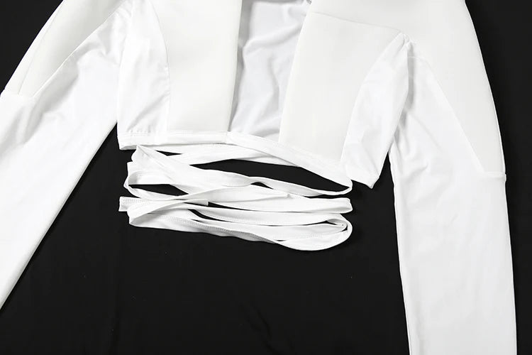 Hipster Patchwork Crop Jacket Women Autumn Cross Bandage Open Stitch Extra Long Sleeve Streetwear Fashion Wild Coat