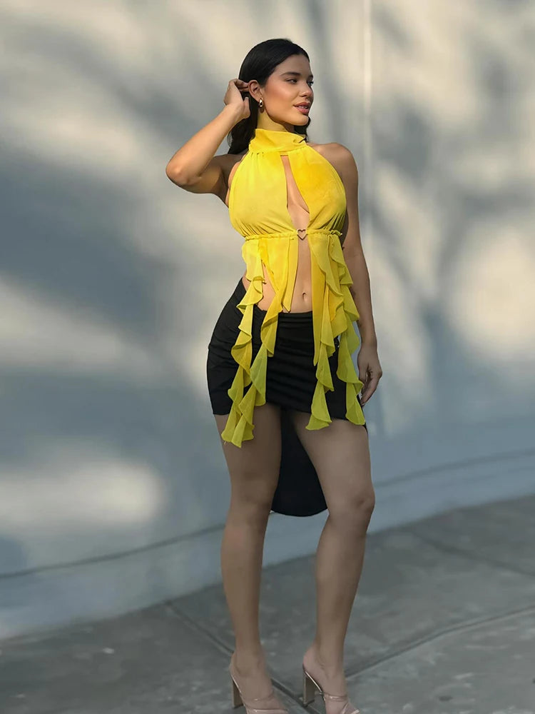 Sexy Tank Tops Women Tassel Irregular Hem Halter Lace-Up Love Metal Ring Skinny Backless Sleeveless Midnight Camisole