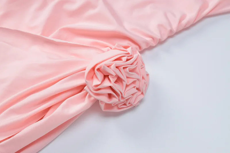 3d Floral Appliques Draped Short Dresses for Women Fashion Pink Long Sleeve Mini Dress Y2k Resort Wear