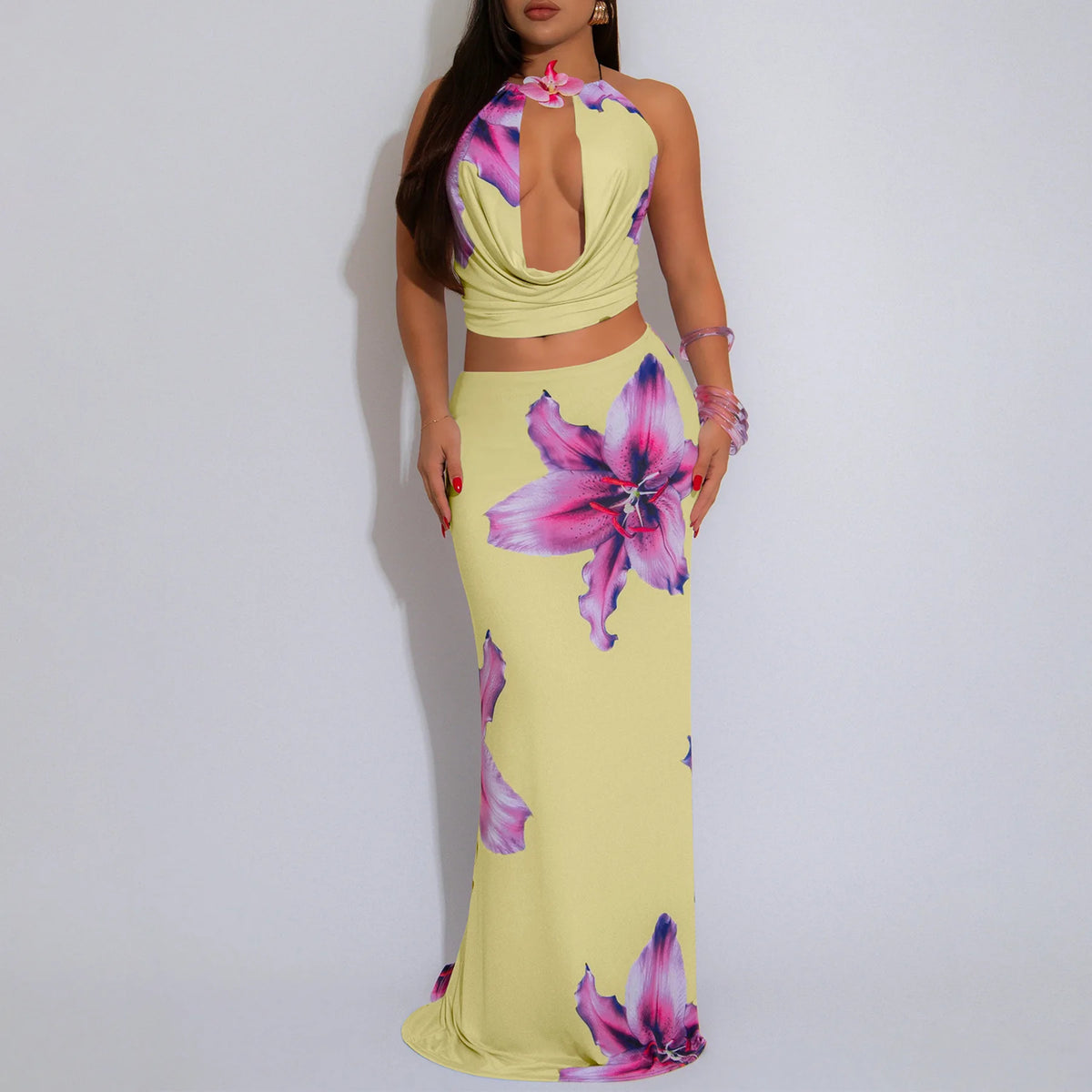 Women Two Piece Set Halter Open Back Crop Tops + Draped Cowl Neck Floral Print Slim Long Skirt Outfit for Party Vacation