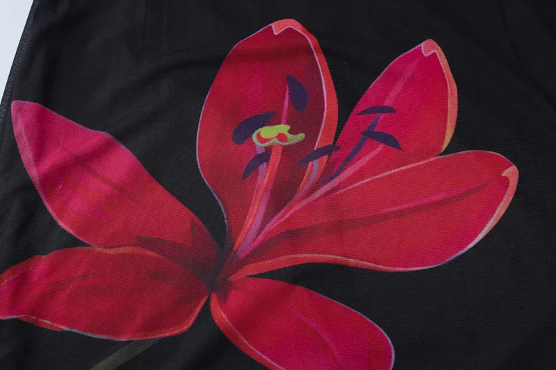 Floral Mesh Tube Dress Summer Women Clothes Sexy Beach Vacation Outfits Lace Up Backless Long Dresses Black