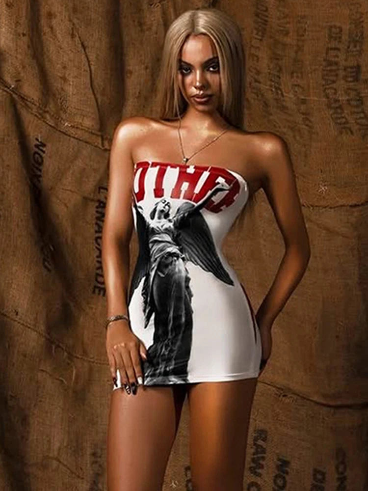 Fashion Print Mini Dress Women Sexy Off Shoulder Sleeveless Backless Skinny Peach Hip Hot Girls Wild Style Outfits