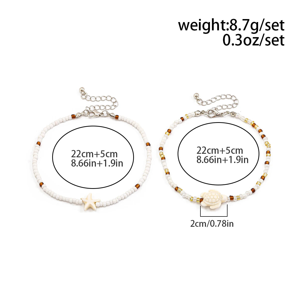 2Pcs Kpop Boho Starfish Turtles Conch Seed Beads Chain Anklet for Women Summer Beach Sweet Ankle Barefoot Y2K Jewelry