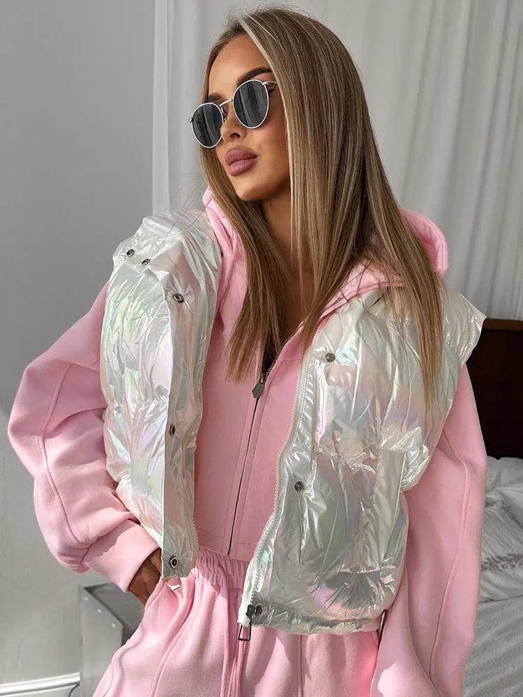 Casual Hooded Zip Crop Tank Tops Women Warm Shirring Hem Metal Buckle Basic Street Quilted Warm Stree Vest Jacket