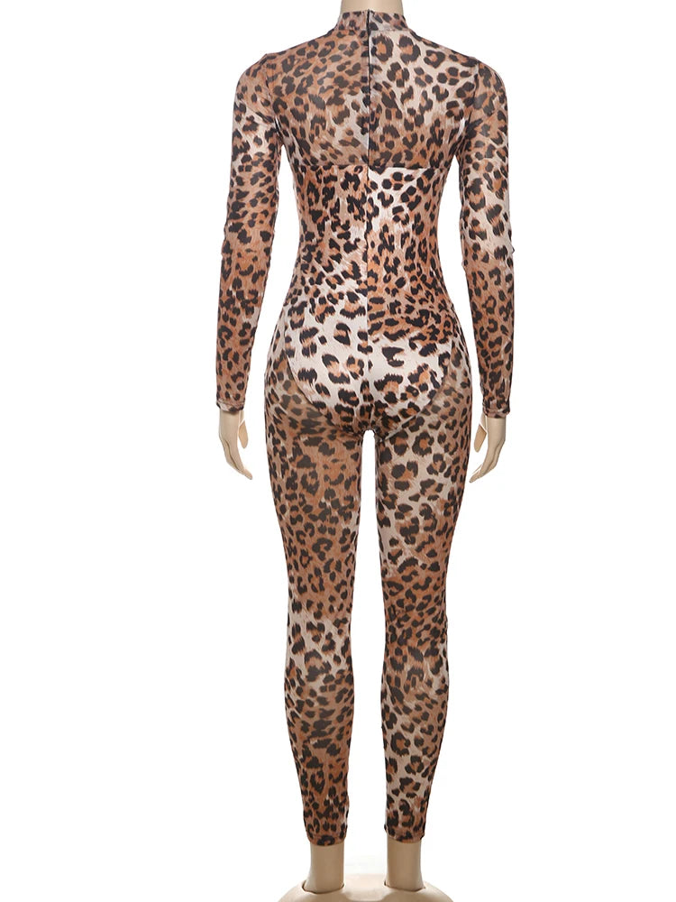 Leopard Print Jumpsuit Women Sexy See Through midnight full sleeve Hipster Fit Street Clubwear Party Workout Overalls