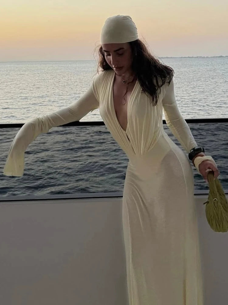 Sexy See Through Maxi Dress Women Deep V-Neck Full Sleeve Summer Vacation Fashion Beach Party Ruched Elegant Vestidos