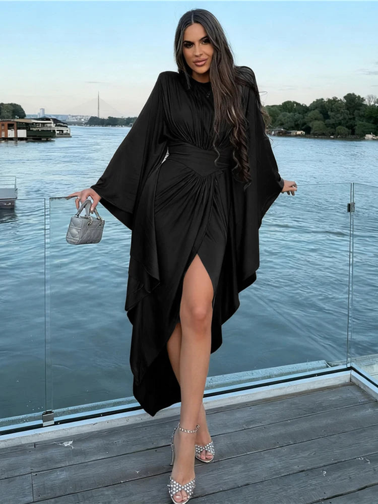 Classic Flare Sleeve Dress Women Patchwork O-Neck Irregular Hem Sexy Elegant Simple Skinny Evening Prom Party Bodycon