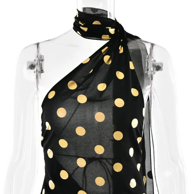 Halter Neck Backless Long Dresses Summer Elegant Polka Dot Chiffon Black Dress Beach Party Vacation Outfit