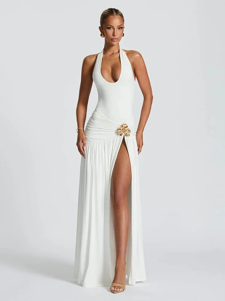 2 Piece Summer Sets Halter Backless Bodysuit Top and Split Long Skirts Elegant Sexy Woman Vacation Outfits