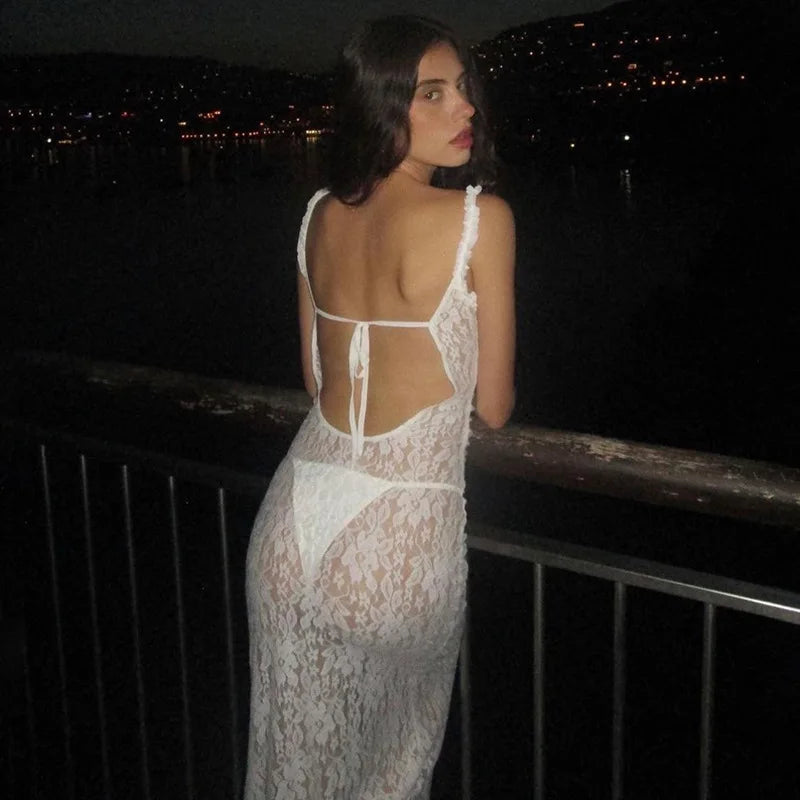 Sexy See Through Lace White Dress Party Night Elegant Ruffle High Split Maxi Long Dresses Summer Y2k Fairycore