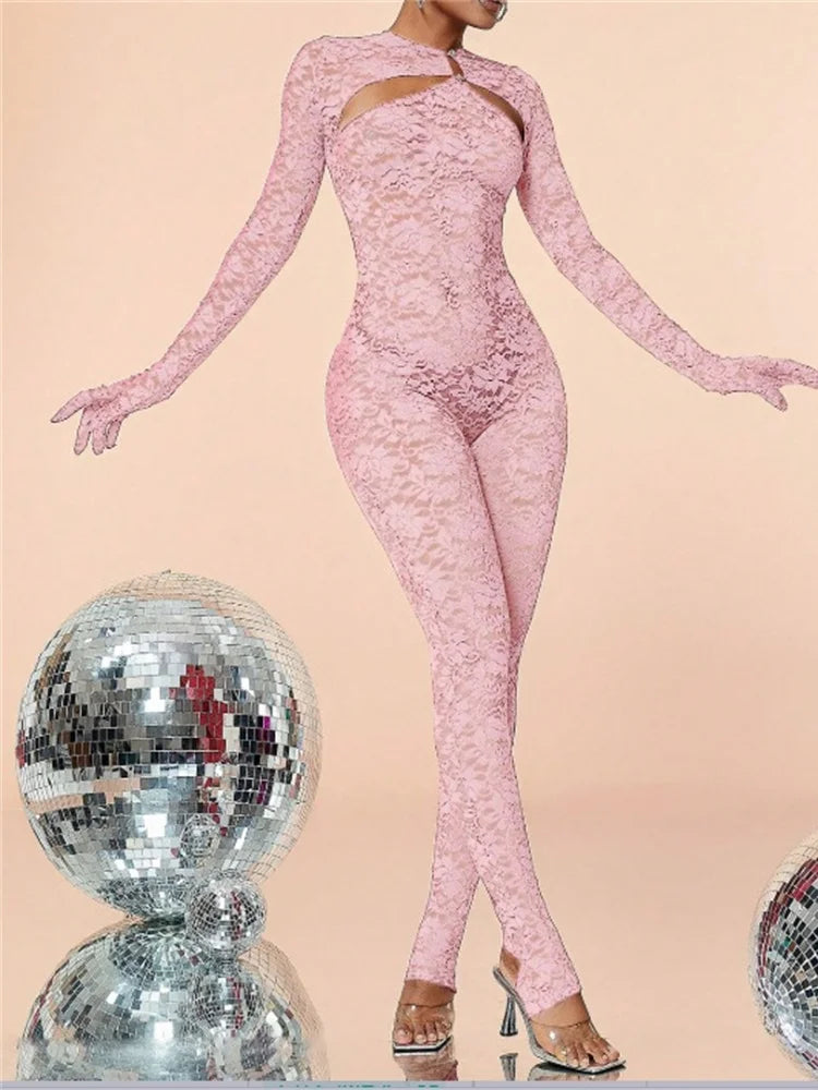 Lace Hollow Button Jumpsuits Women Long Sleeve Gloves Bow Metal Trim Button See Through Midnight Sexy Skinny Overalls