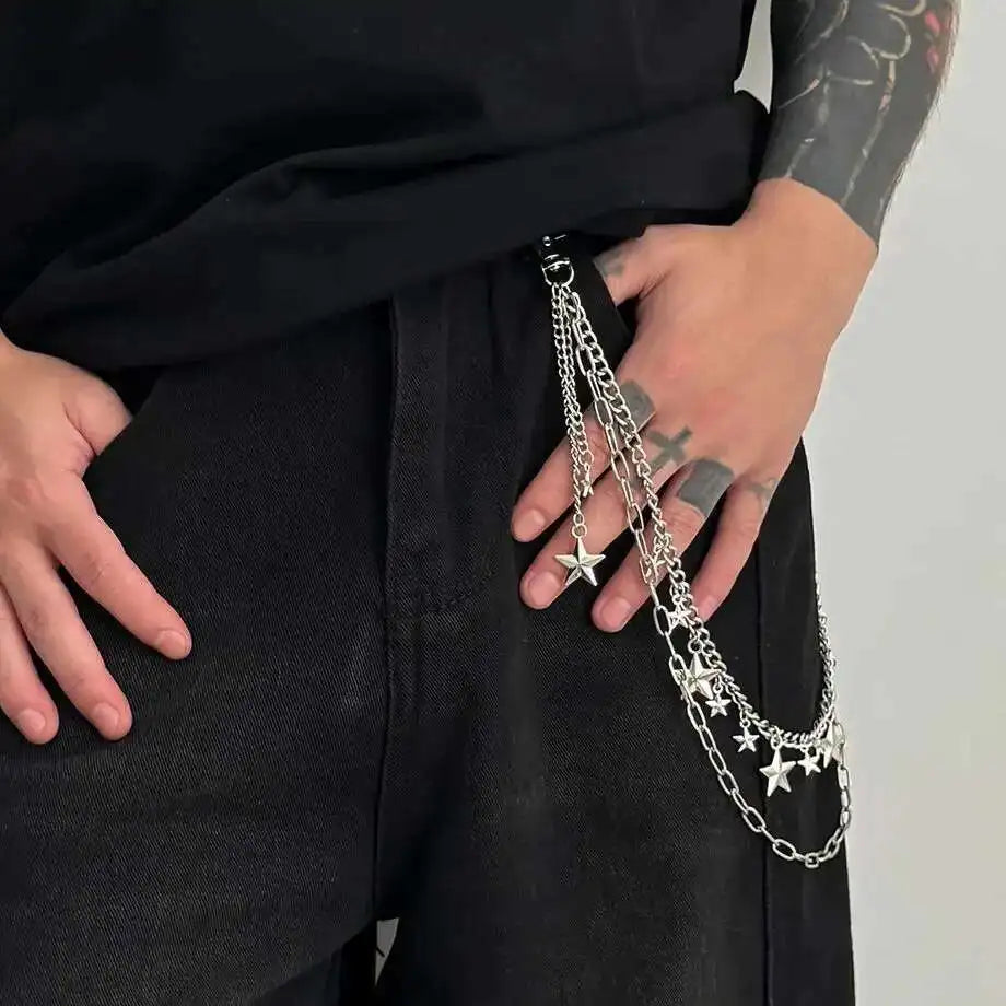 Trendy Hip Hop Double Layer Jeans Pants Chain Men Women Creative Star Pendant Bag Waist Chain Steampunk Jewelry Gift
