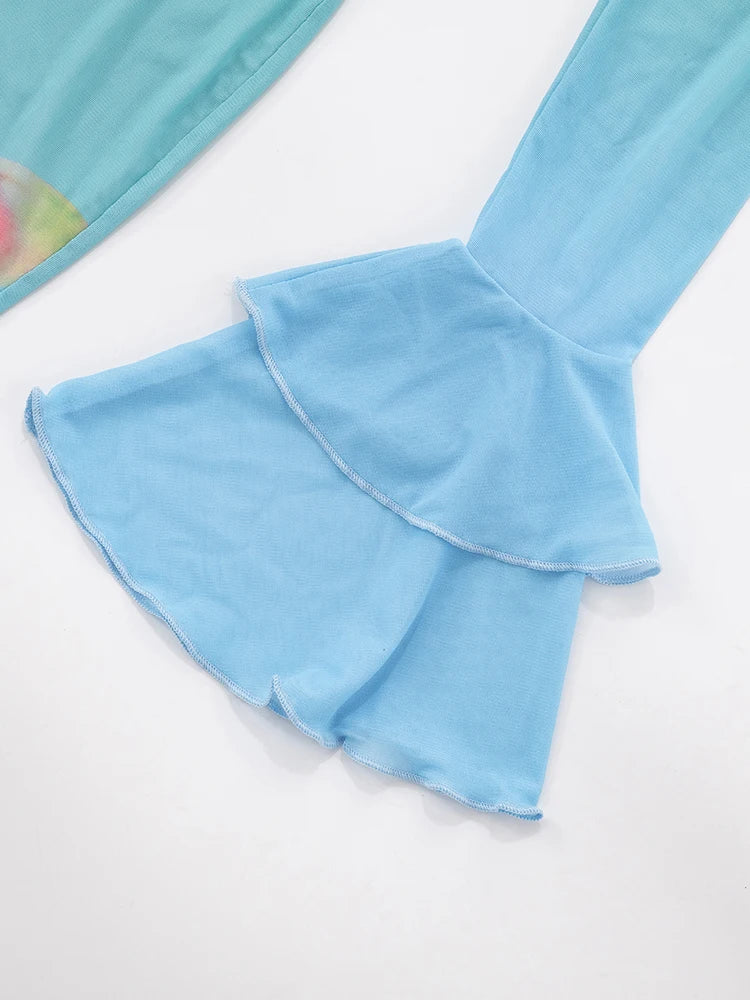 Gradient Mesh Maxi Dress Women Flower Print Ruffles Low-Neck Flared Sleeve Summer Holiday Beach Style Skinny Vestidos