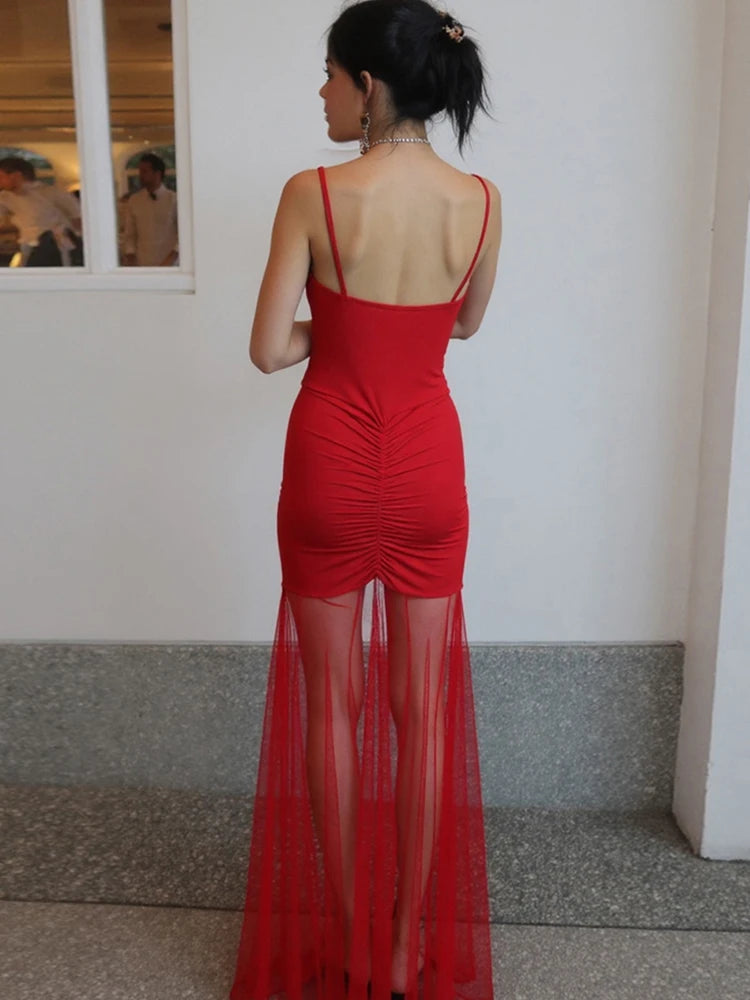 Mesh Patchwork Dress Women Low-Neck Off Shoulder Backless Vacation Fashion Beach Party Ruched Elegant Long Bodycon