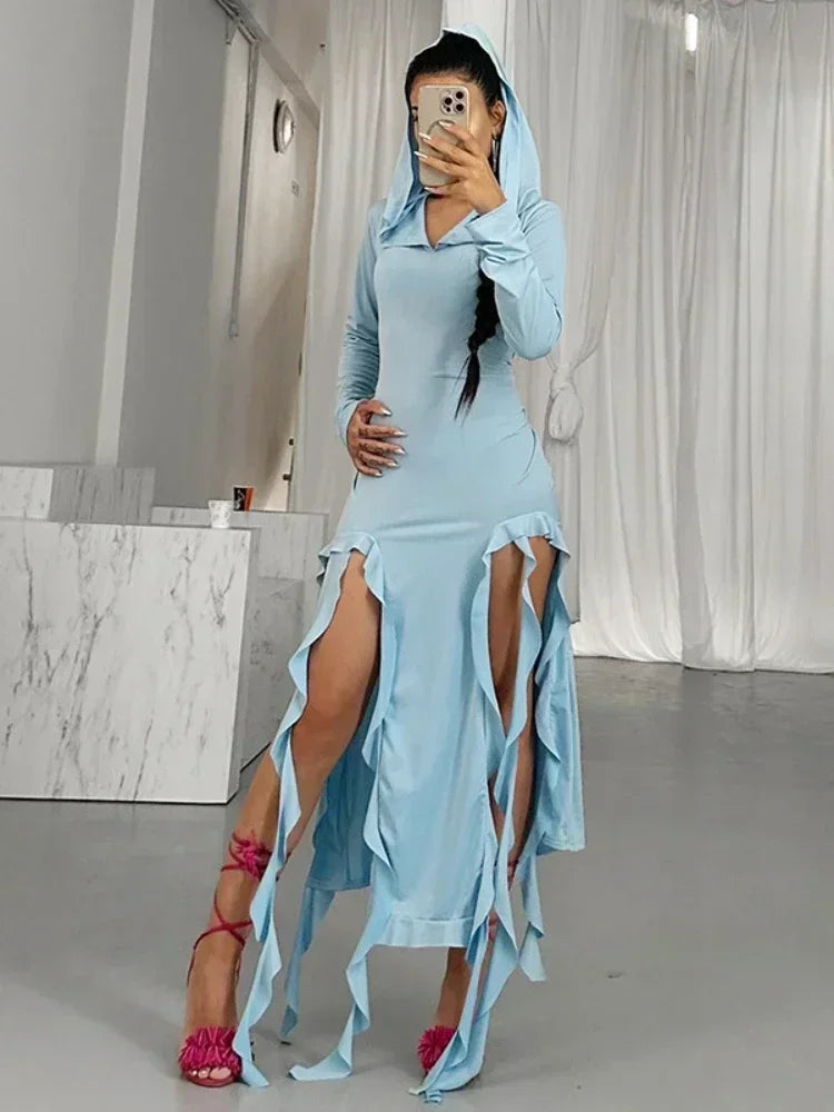 V Neck Hooded Ruffle Split Long Dresses Irregular Sexy Black Dress Y2k Street Fashion Winter Outfits for Women