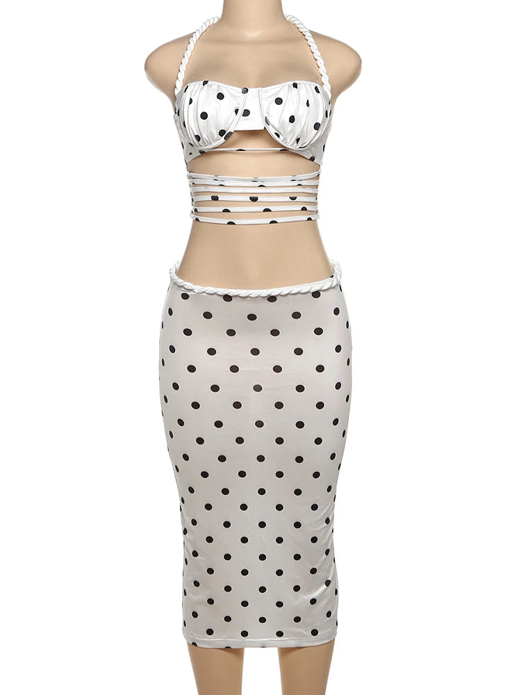 Polka Dots Print 2 Piece Set Women Halter Plait Hollow Stripe Camisole+Mid Skirts Simple Streetwear Matching Outfits