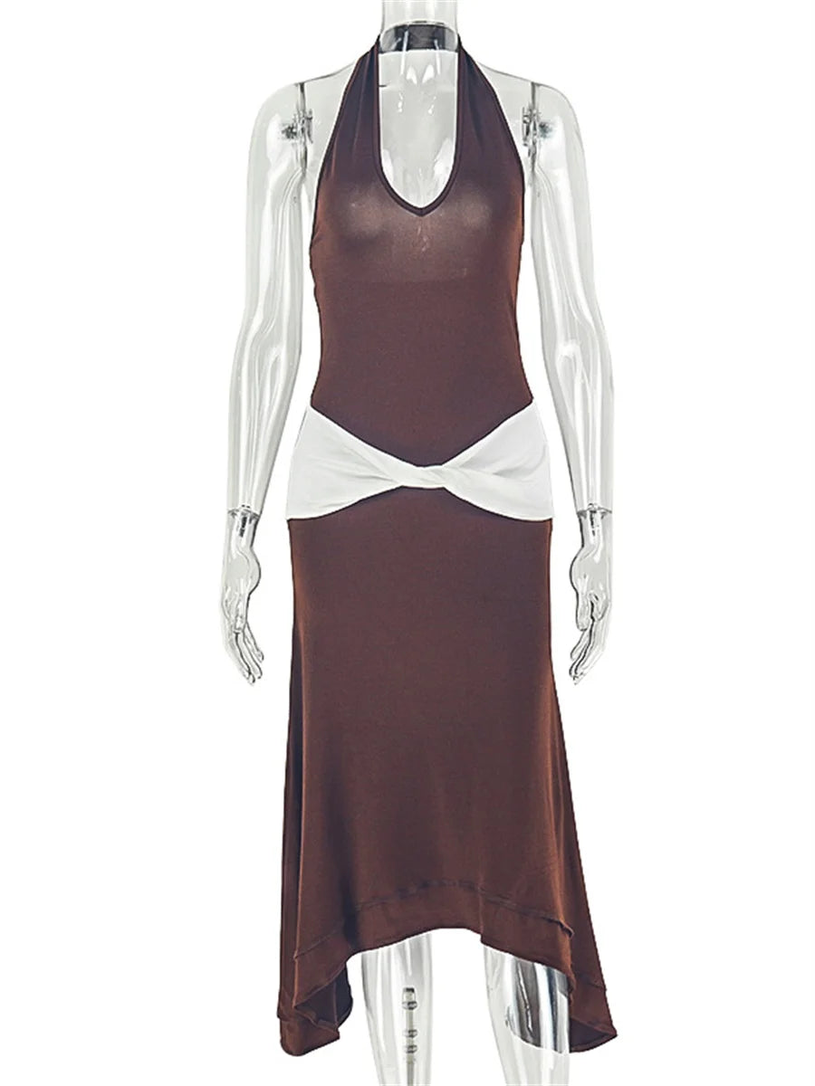 Elegant Backless Dress Women Fashion Ruched Color Blocking Halter Low-Neck Sleeveless Trend Chic Party Club Bodycon