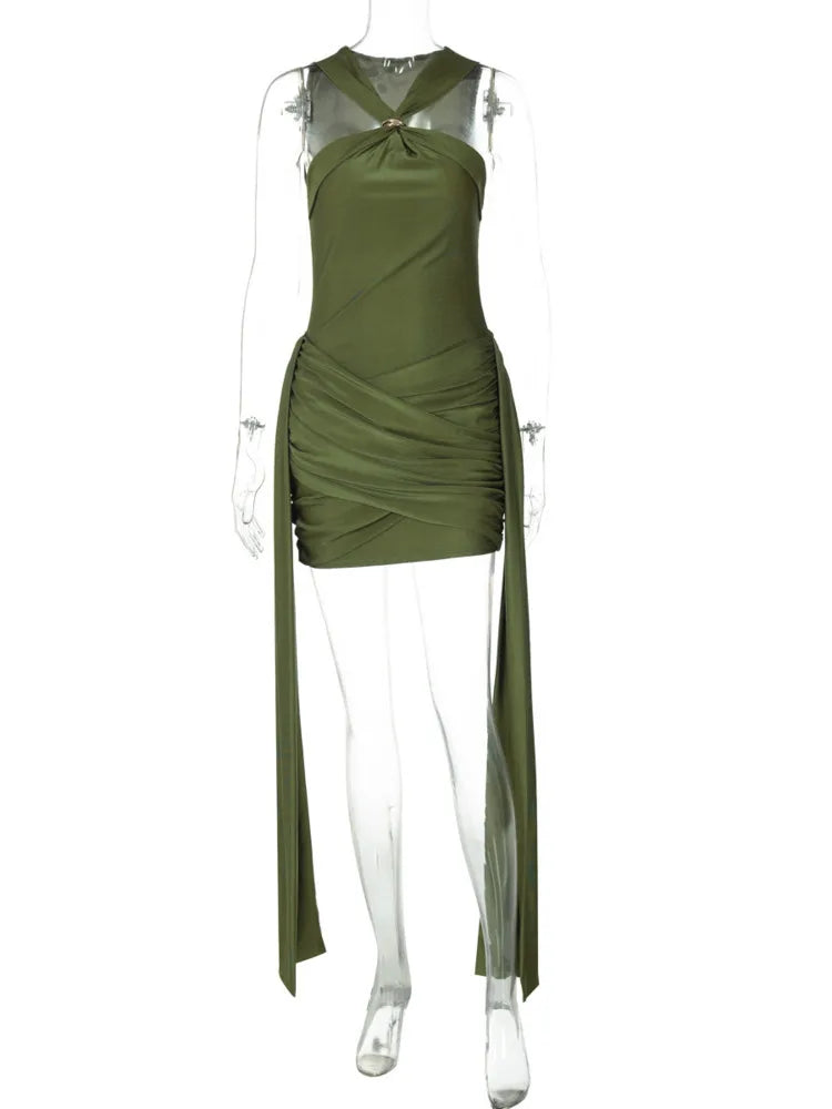 Halter Off-shoulder Ruched Sexy Mini Dress Women Fashion Strapless Sleeveless Draped Club Party Dresses Female 2025
